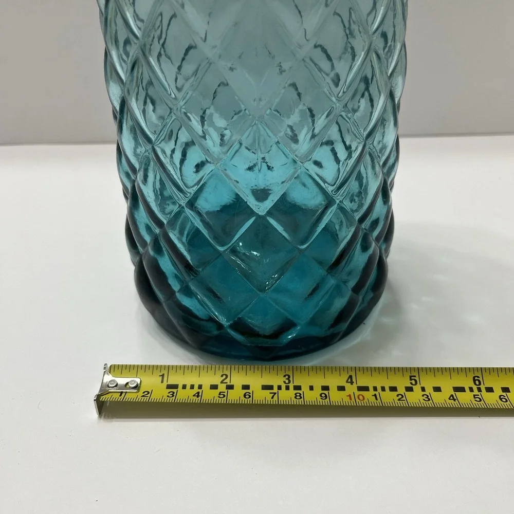 Decorative Teal Vase Diamond Patterned Glass Gold Toned Collar 9.5x4
